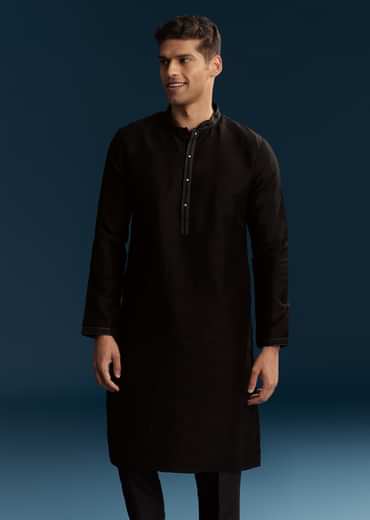 Black Silk Kurta Jacket Set For Men With Heavy Embroidery