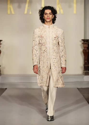White Silk Sherwani For Groom With Cutwork Embroidery
