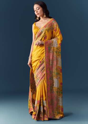 Mustard Banarasi Silk Woven Saree with Unstitched Blouse