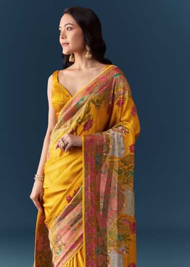Mustard Banarasi Silk Woven Saree with Unstitched Blouse