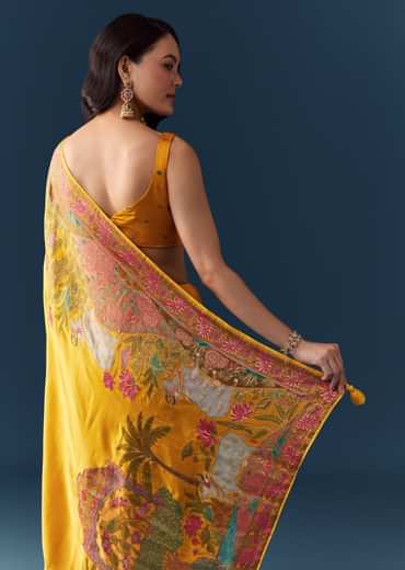 Mustard Banarasi Silk Woven Saree with Unstitched Blouse