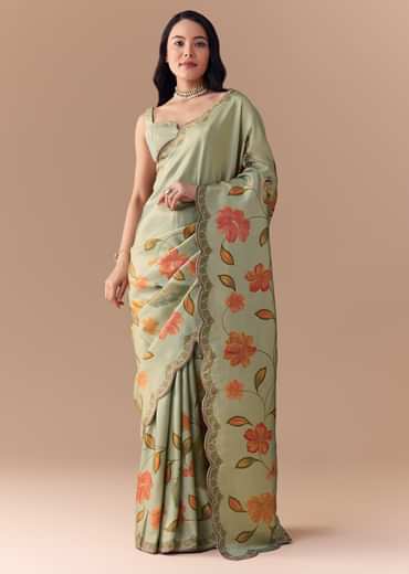 Mint Green Jacquard Silk Floral Woven Saree with Unstitched Blouse