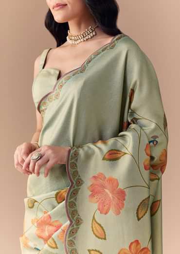 Mint Green Jacquard Silk Floral Woven Saree with Unstitched Blouse