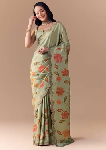 Mint Green Jacquard Silk Floral Woven Saree with Unstitched Blouse