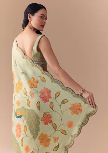 Mint Green Jacquard Silk Floral Woven Saree with Unstitched Blouse