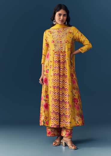 Yellow Floral Print Anarkali Set