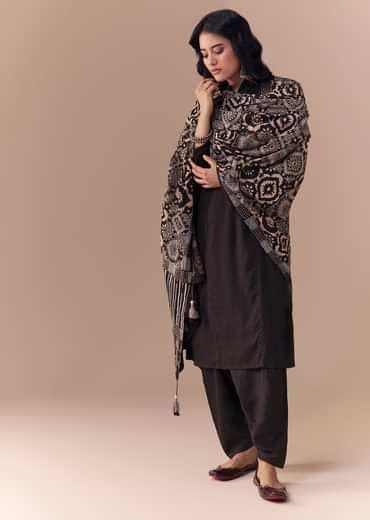Black Linen Kurta Set with Ajrakh Dupatta