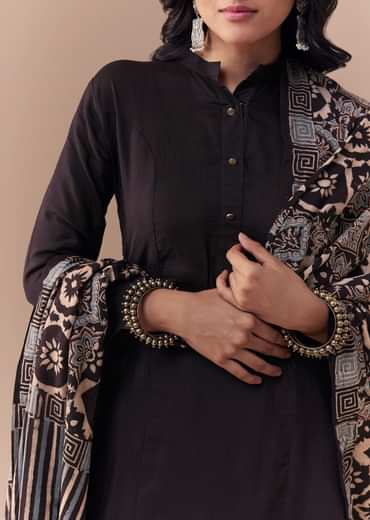 Black Linen Kurta Set with Ajrakh Dupatta