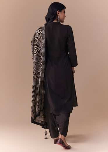 Black Linen Kurta Set with Ajrakh Dupatta
