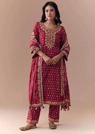 Maroon Bandhani Print Kurta Set