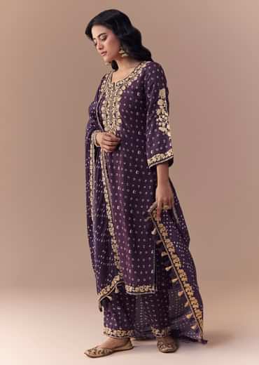 Purple Embellished Silk Bandhani Print Kurta Set