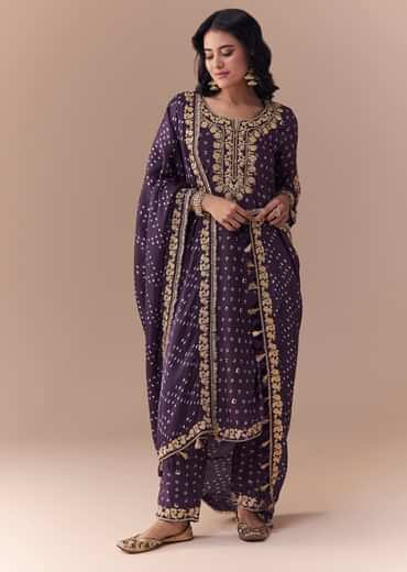 Purple Embellished Silk Bandhani Print Kurta Set