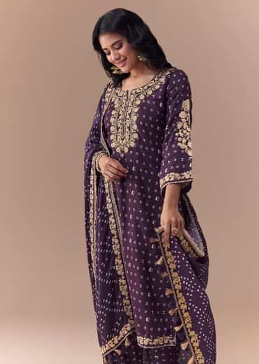 Purple Embellished Silk Bandhani Print Kurta Set