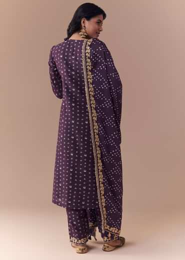 Purple Embellished Silk Bandhani Print Kurta Set