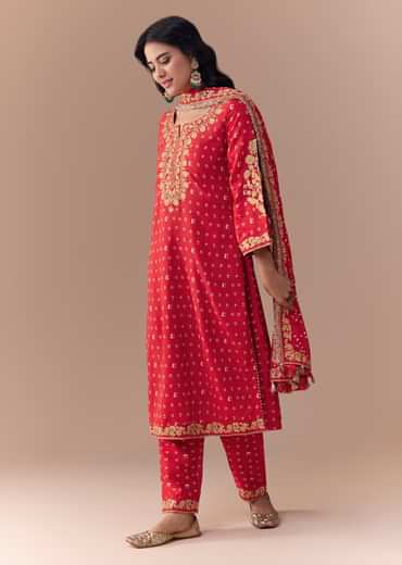 Red Silk Bandhani Print Kurta Set