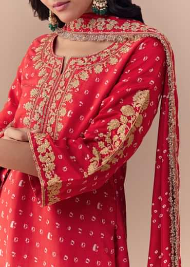 Red Silk Bandhani Print Kurta Set
