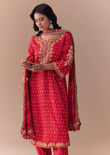 Red Silk Bandhani Print Kurta Set
