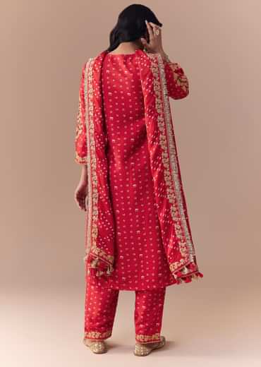 Red Silk Bandhani Print Kurta Set