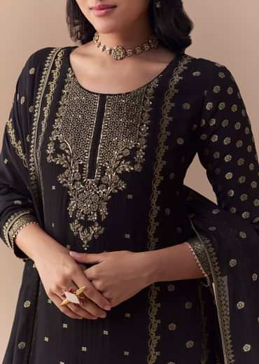Black Jacquard Woven Gota Work Kurta Palazzo Set