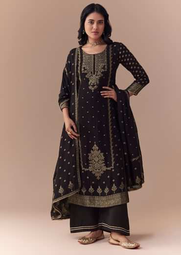 Black Jacquard Woven Gota Work Kurta Palazzo Set