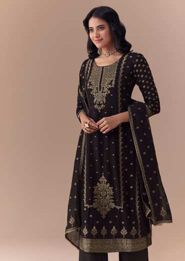 Black Jacquard Woven Gota Work Kurta Palazzo Set