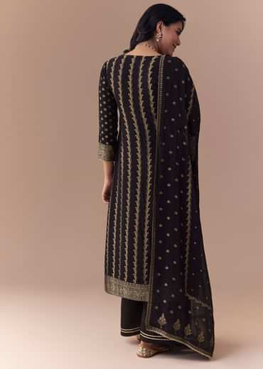Black Jacquard Woven Gota Work Kurta Palazzo Set