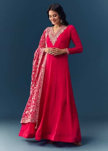 Hot Pink Thread Embroidered Anarkali with Dupatta