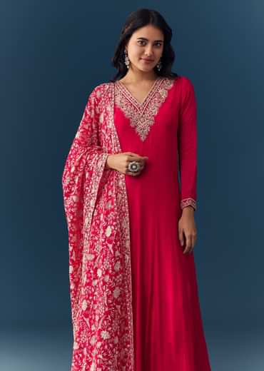 Hot Pink Thread Embroidered Anarkali with Dupatta