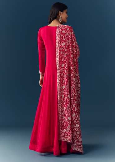 Hot Pink Thread Embroidered Anarkali with Dupatta