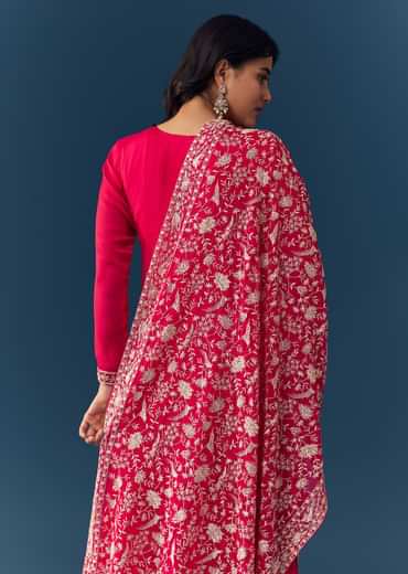 Hot Pink Thread Embroidered Anarkali with Dupatta