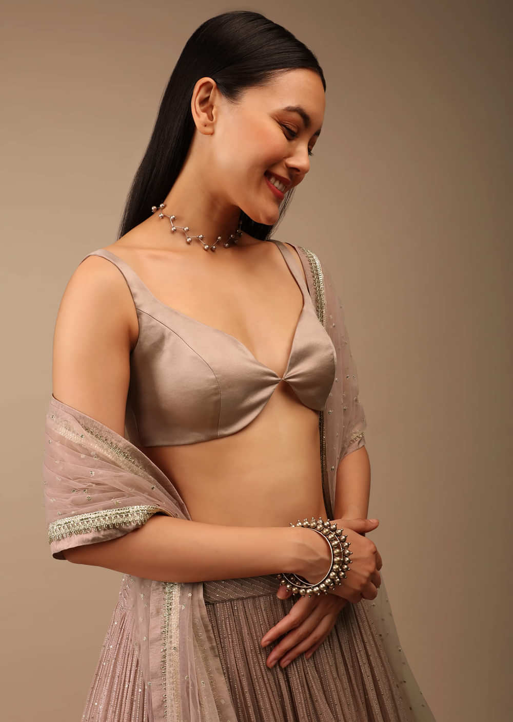 Shadow Grey Backless Blouse In Satin With Plunging Sweetheart Neckline And Curved Hem