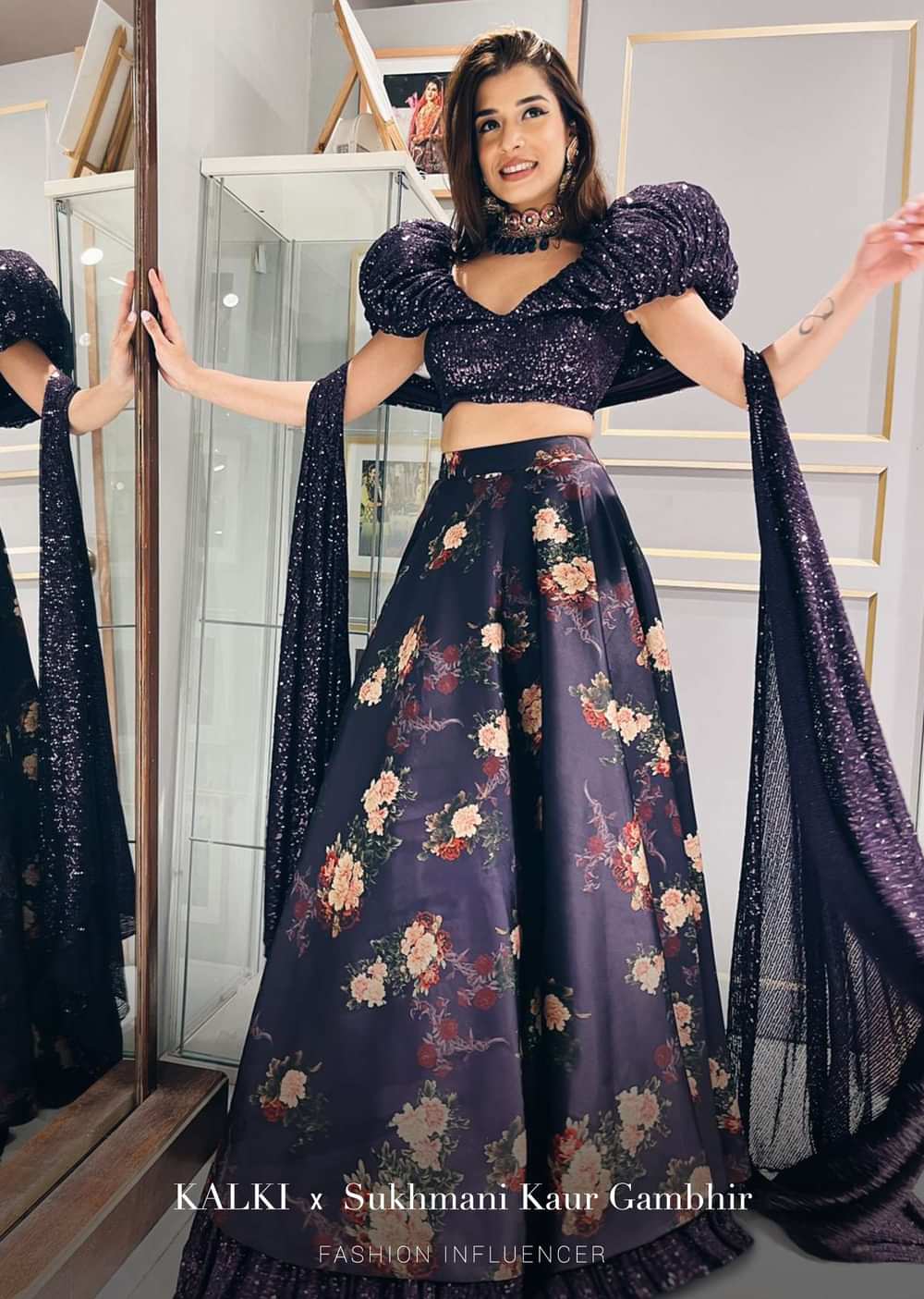 Jewel Purple Lehenga In Floral Printed Satin With A Sequins Crop Top Designed With An Elaborate Puff On The Shoulder And Neckline