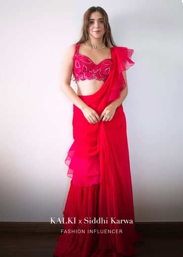 Hot Pink Readymade Saree In Crepe With Ruffle Frill On The Pallu And Beads Embroidered Crop Top And Belt