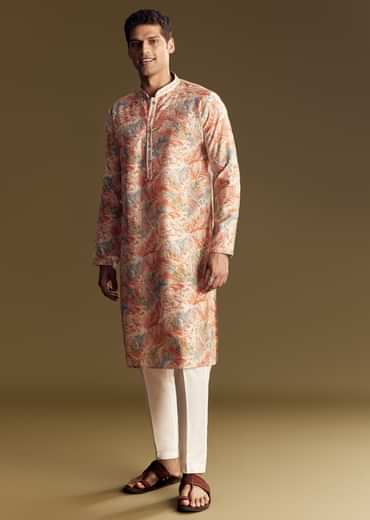 Silk Multi Colored Kurta Set Accented With Foil Floral Work