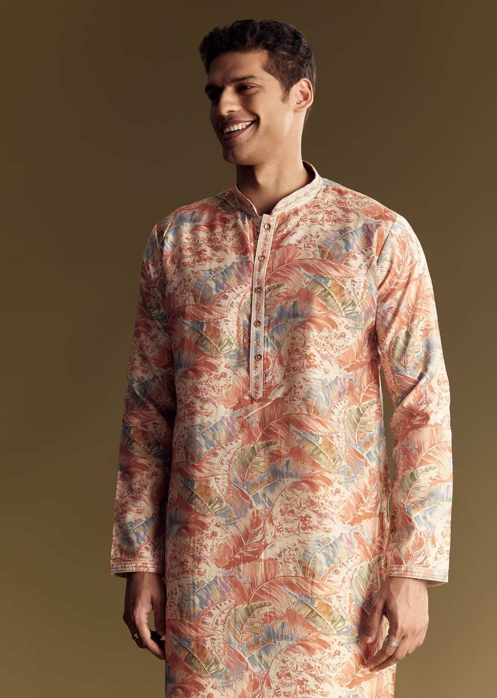 Silk Multi Colored Kurta Set Accented With Foil Floral Work