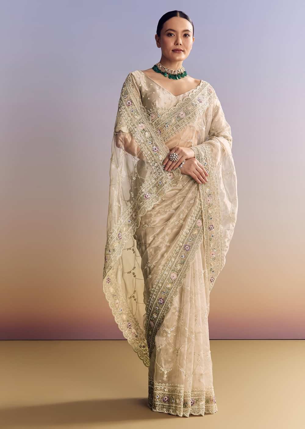 Silver Glass Tissue Saree With Jaal Work And Multicolor Sequin Embroidery