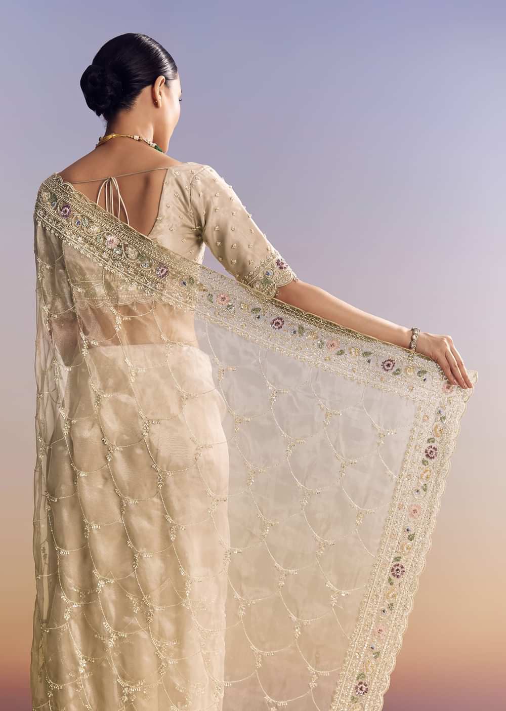 Silver Glass Tissue Saree With Jaal Work And Multicolor Sequin Embroidery