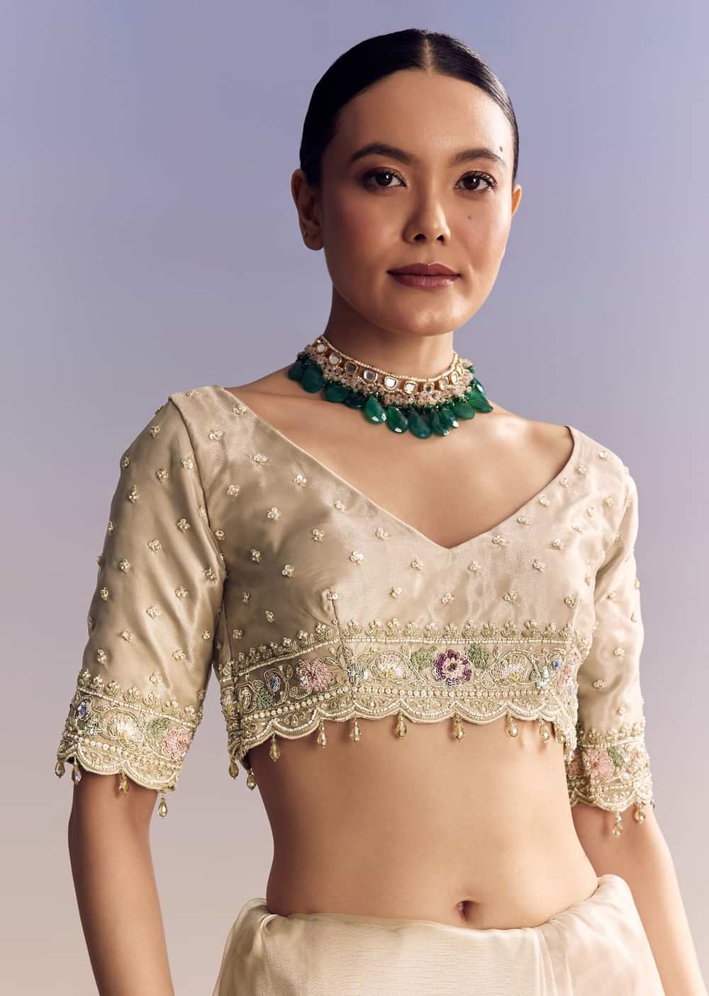 Silver Glass Tissue Saree With Jaal Work And Multicolor Sequin Embroidery