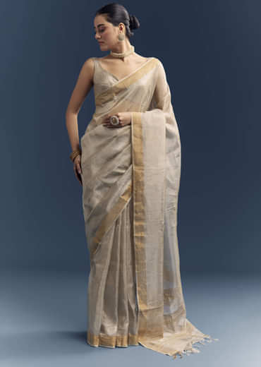 Silver Grey Tissue Organza Woven Saree With Golden Zari Work