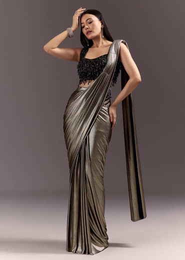 Silver Ready Drape Cutdana Saree With Round Neck Blouse