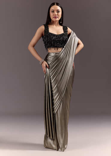 Silver Ready Drape Cutdana Saree With Round Neck Blouse