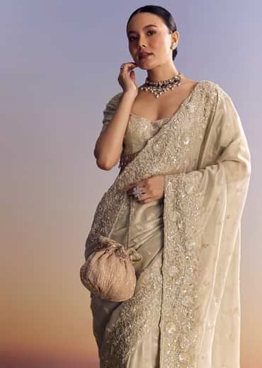 Silver Tissue Saree Embellished With Beads And Sequins