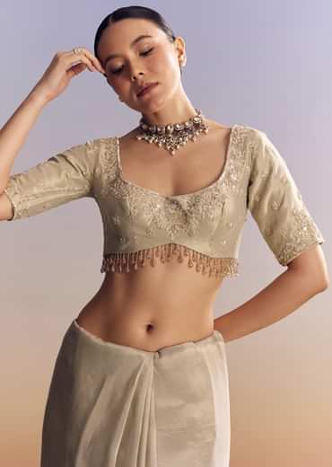 Silver Tissue Saree Embellished With Beads And Sequins