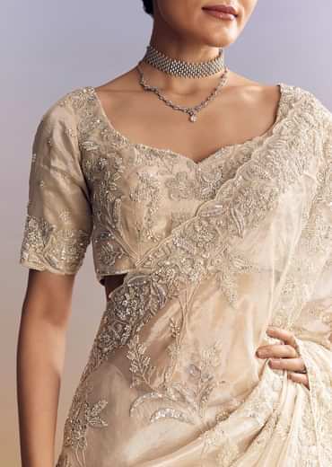 Silver Tissue Saree With Heavily Embroidered Border Work