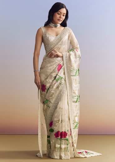 Silver Tissue Saree With Intricate Resham Work And Embroidered Border
