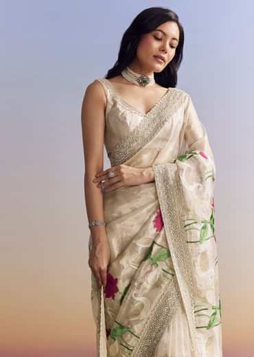 Silver Tissue Saree With Intricate Resham Work And Embroidered Border