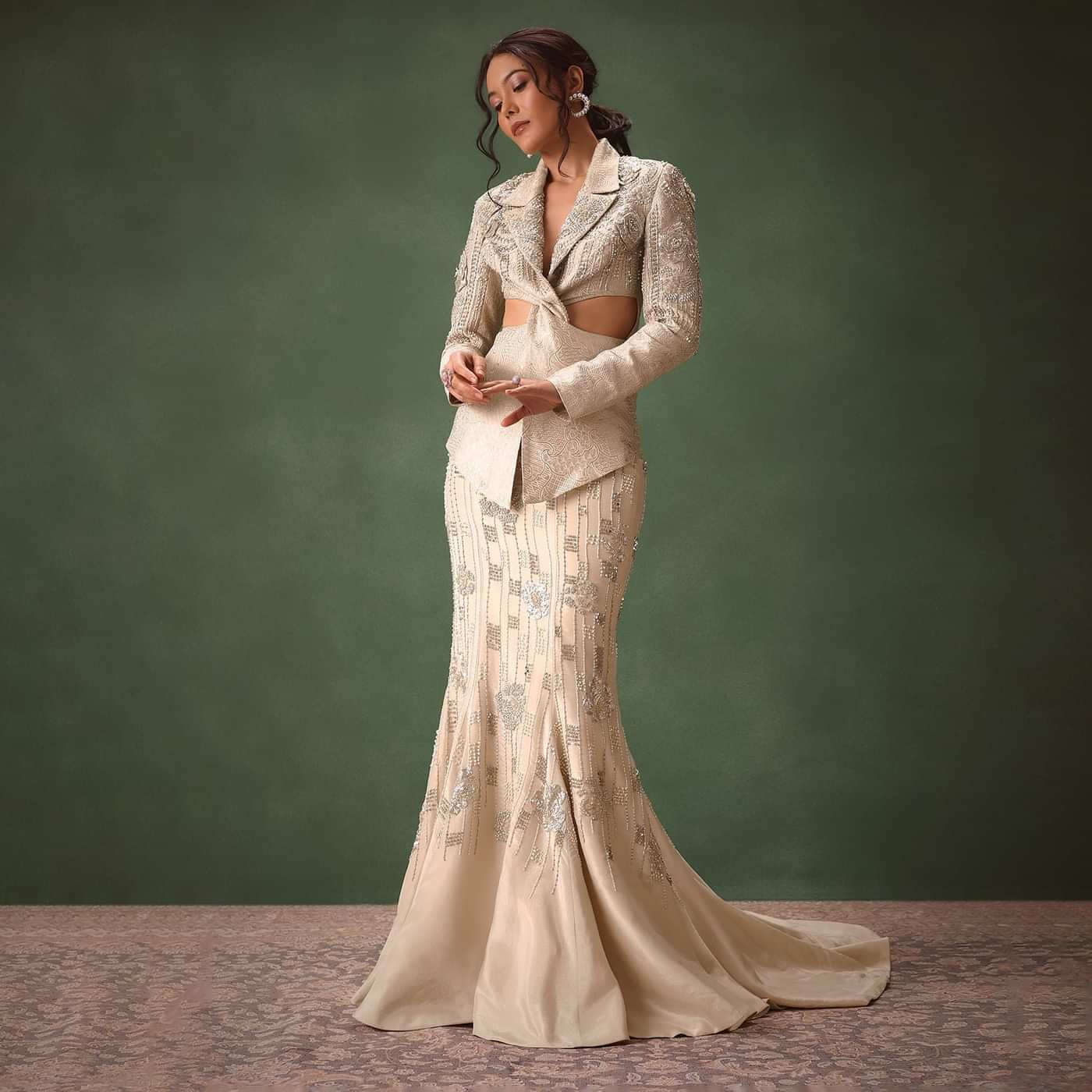 Silver Banarasi Brocade Jacket Lehenga Set