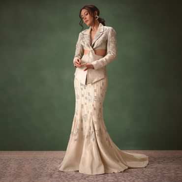 Silver Banarasi Brocade Jacket Lehenga Set