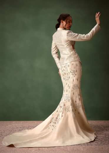 Silver Banarasi Brocade Jacket Lehenga Set