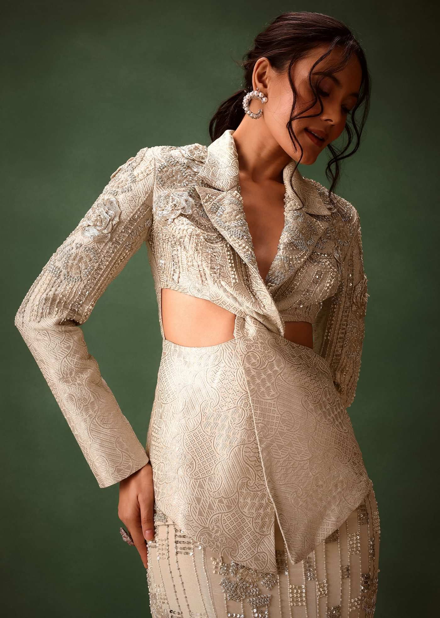 Silver Banarasi Brocade Jacket Lehenga Set